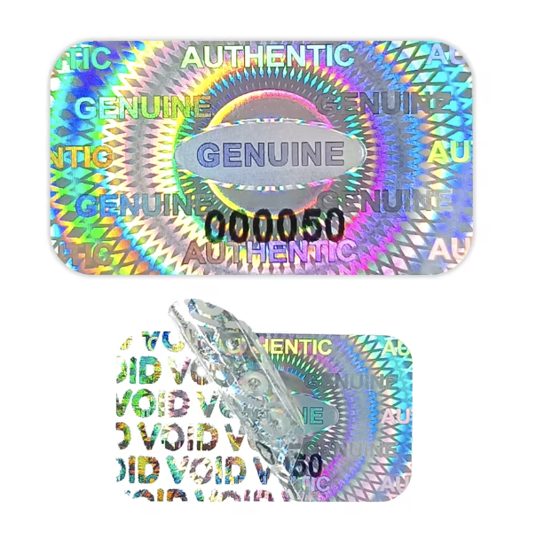 Sello holográfico de seguridad Home Selected — intacto (arriba) y con VOID visible tras manipulación (abajo)